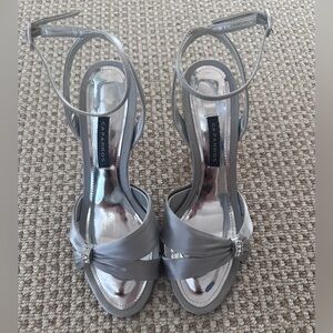 Caparros Silver Platinum Silk Ankle Strap Heels 3.5” Formal Sandals 6.5